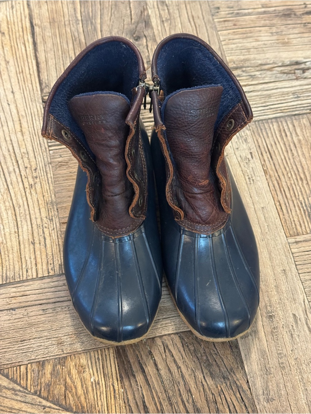 Sperry Navy Rubber & Brown Leather Zip Duck Boots